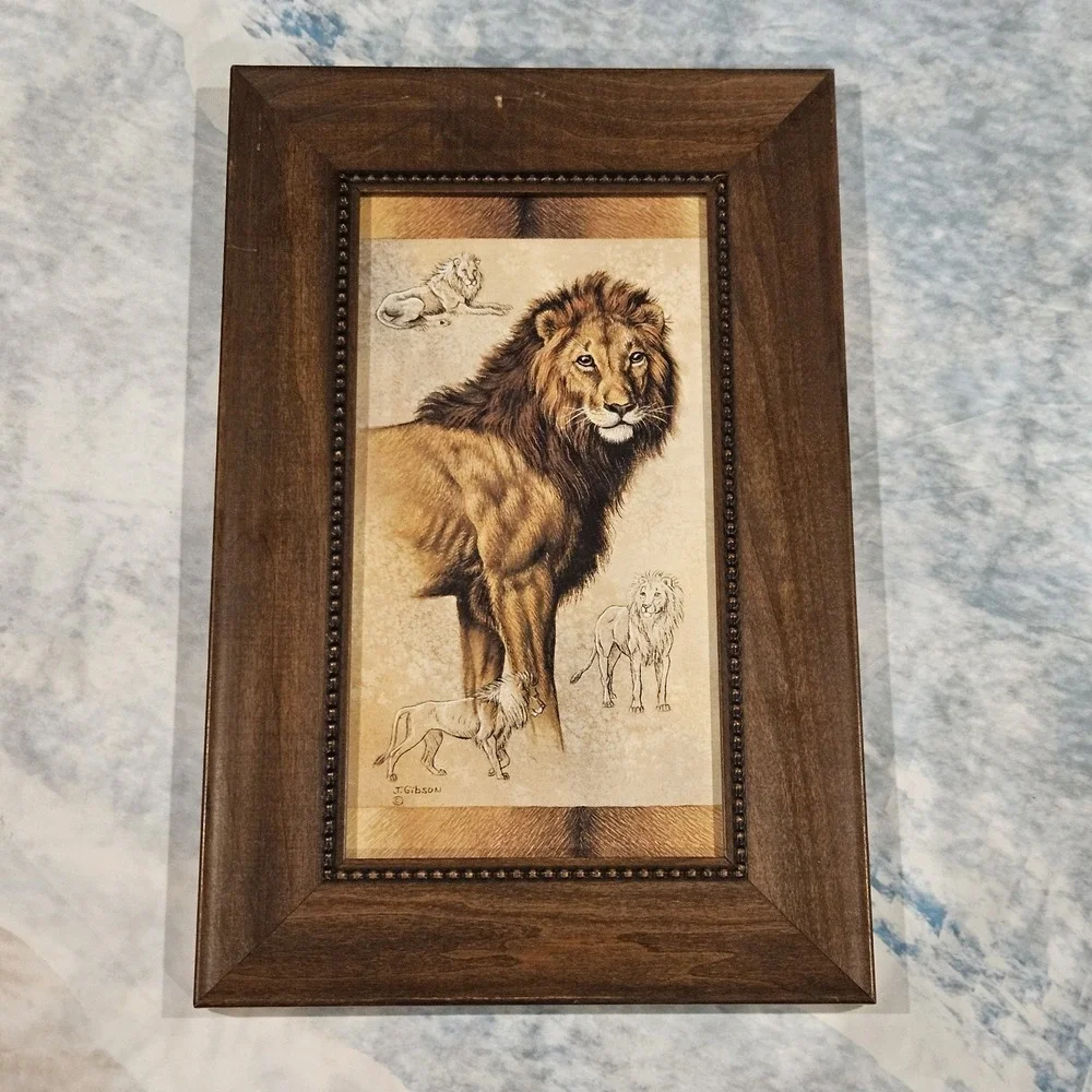 Safari Animal Wall Art Set Tiger Lion Framed Prints J Gibson Rustic‎ Decor